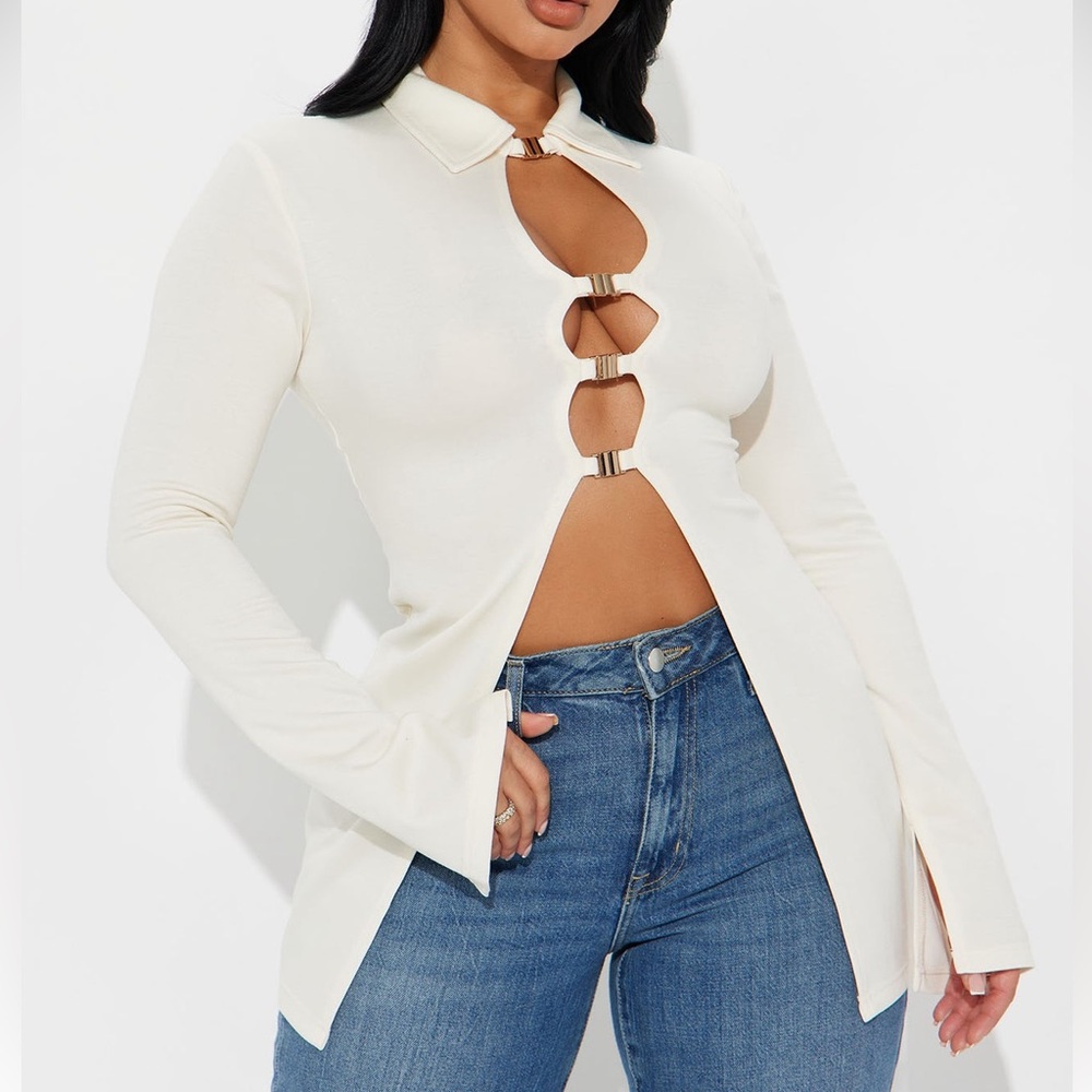 Women's Ivory Cutout Long-Sleeve Top with Ring Details